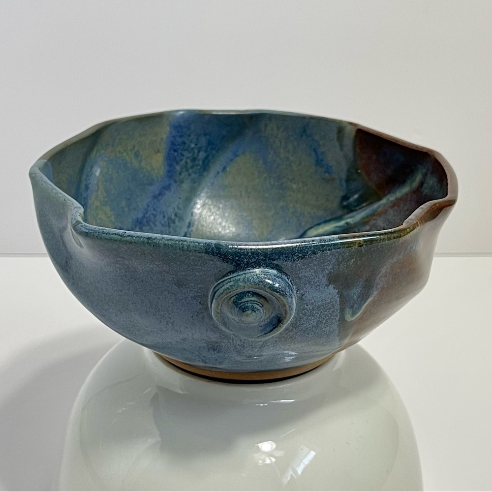 Studio Art Pottery Blue And Brown Drip Glaze Abstract Bowl 6” Signed